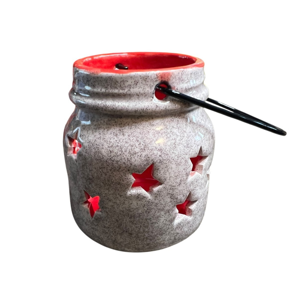 Rustic Ceramic Star Lantern Speckled Grey‎ Red Interior Mason Jar Style 3.5"
